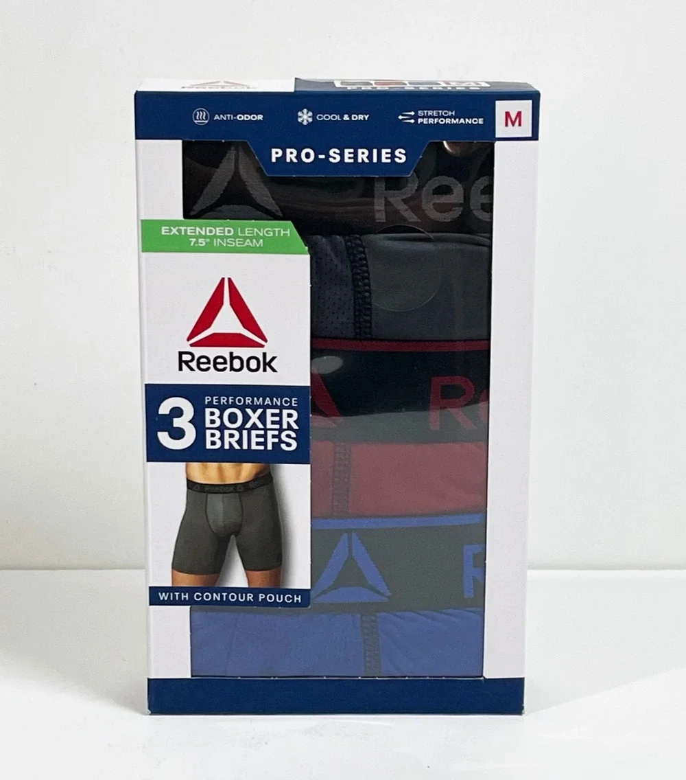 Reebok Men's Pro Series Performance Boxer Briefs Extended Length 3 Pack Medium